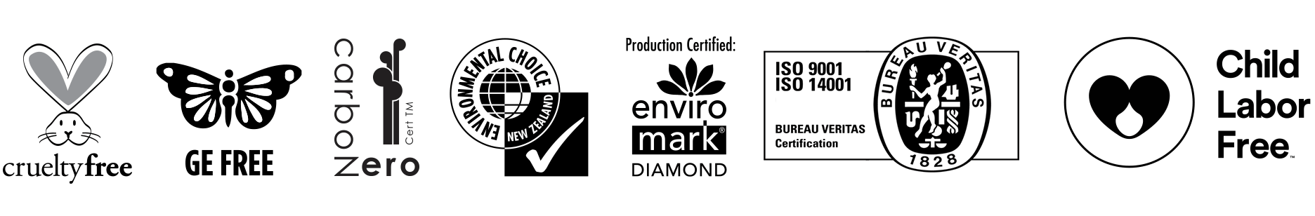 cruelty free, GE free, CarboNZero, Environmental Choice, Enviromark Diamond, ISO9001, ISO14001, Child Labor Free