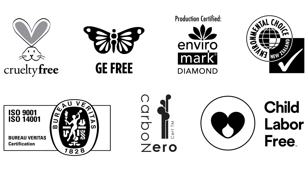 cruelty free, GE free, CarboNZero, Environmental Choice, Enviromark Diamond, ISO9001, ISO14001, Child Labor Free